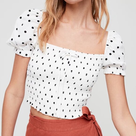 Wilfred Cropped Polka Dot Smocked Blouse - Picture 1 of 8